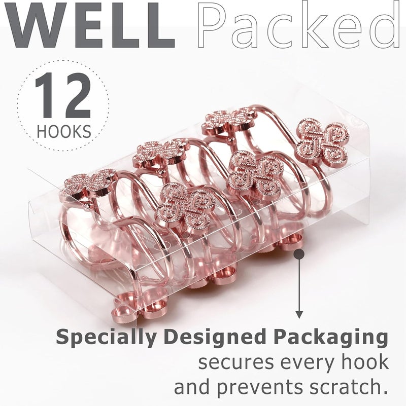 Popkozzi Rose Gold Shower Curtain Hooks: Pink Rust Proof Metal Shower Curtain Rings for Bathroom - Glam Flower Clover Shaped Decorative Shower Curtain Hooks Hangers for Shower Rod - Set of 12 - Image 5